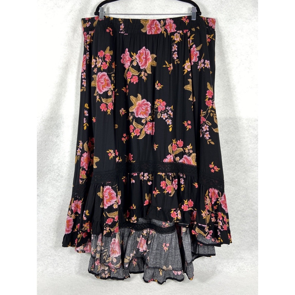 Torrid Maxi Skirt Size 4 US 4X Black Pink Gauze High Low Floral Lace Insert New